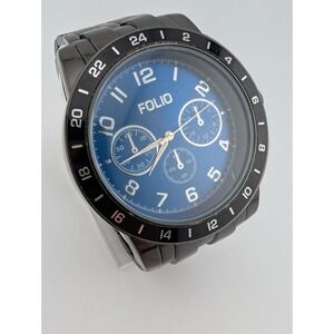 FOLIO‎ Watch Men 53mm Case Blue Dial Black 7.75" Band- New Battery